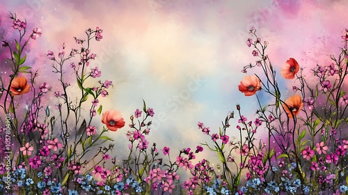 An artistic watercolor floral rectangular frame with an assortment of colorful wildflowers, including orange poppies, blue cornflowers, and pink cosmos