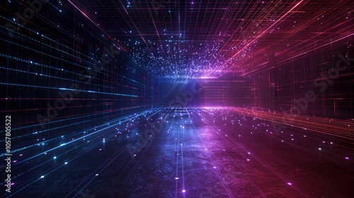 Neon digital room background, abstract dark futuristic space with red and blue wireframe lines, perspective view. Concept of future, grid, wire frame, virtual reality photo