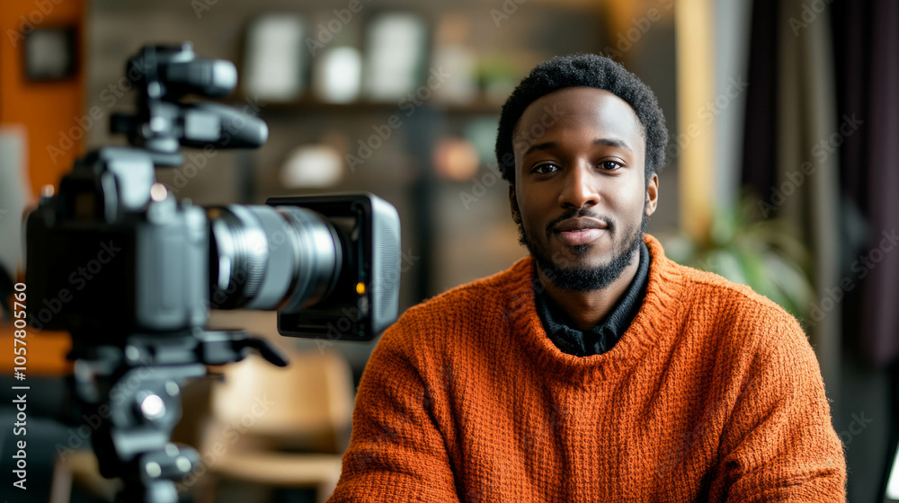 young black male influencer or content creator recording a video podcast or YouTube video. Speaking into camera young black male influencer or content creator recording a video podcast or YouTube video. Speaking into camera
