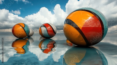 Bouncing balls casting distorted reflections, warped space, surreal photo