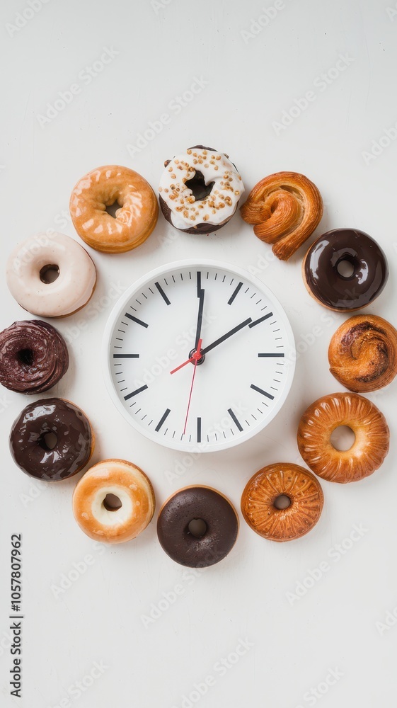Obraz premium Circular donut arrangement around clock face on neutral gradient backdrop