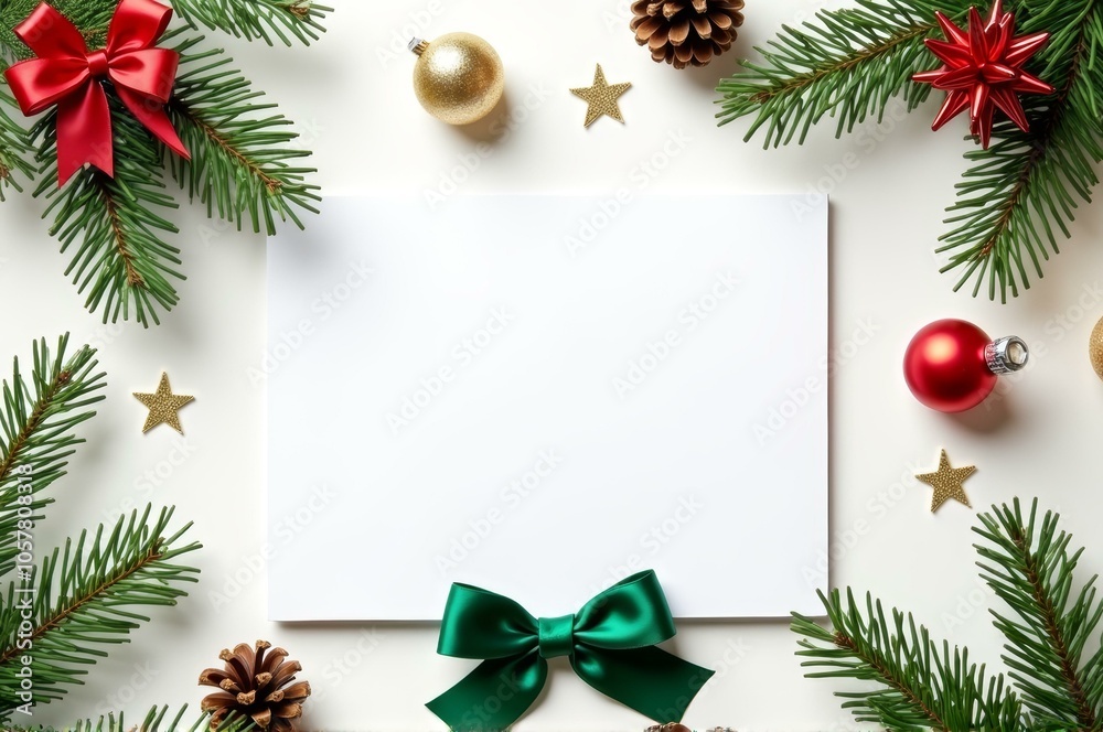 Festive holiday frame with pine branches, bows, ornaments, and blank card for text Festive holiday frame with pine branches, bows, ornaments, and blank card for text