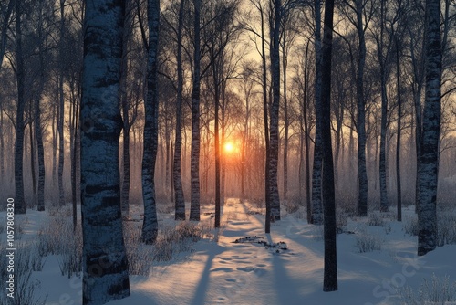 Winter sunset in forest between trees.