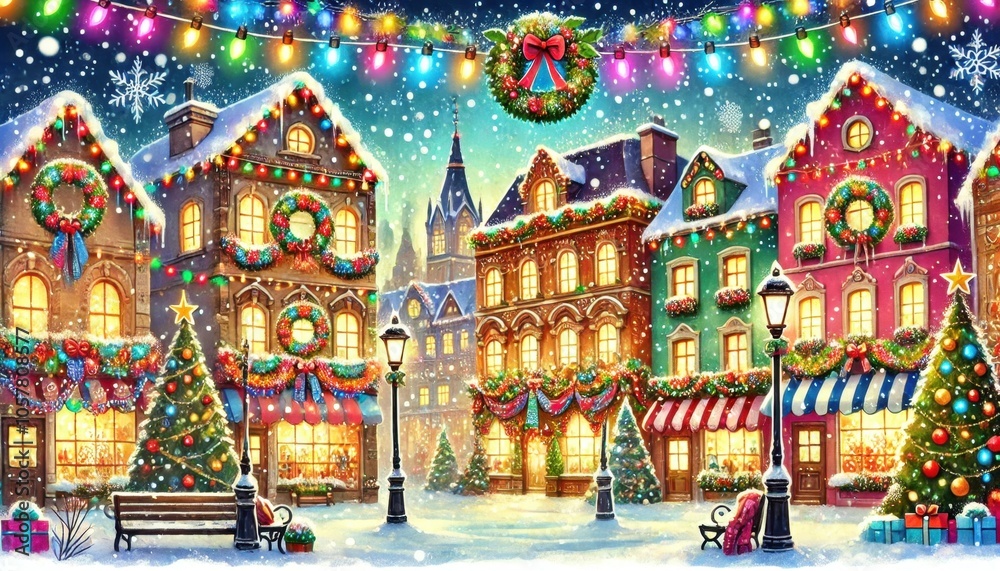 Fototapeta premium Festive Christmas Village Square with Colorful Lights