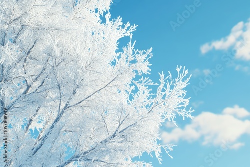 Tree branches covered with white frost against a blue sky