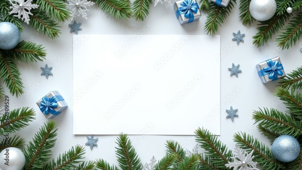 Festive holiday frame with pine branches, snowflakes, and blue gifts Festive holiday frame with pine branches, snowflakes, and blue gifts