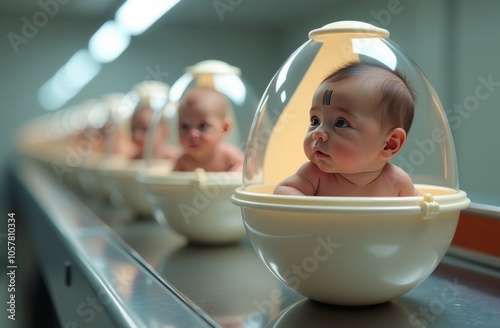 A child with a barcode on his face. Concept of DNA cloning and human genome. The concept of artificial intelligence and the conception of life in a test tube, growing in an incubator