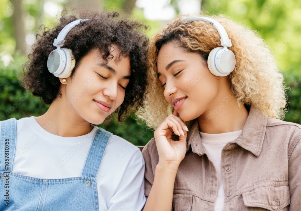Obraz premium Two women enjoying music with headphones in a park on a sunny day