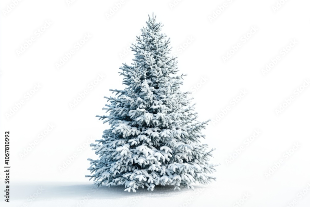 Snow covered Christmas tree isolated on white background.