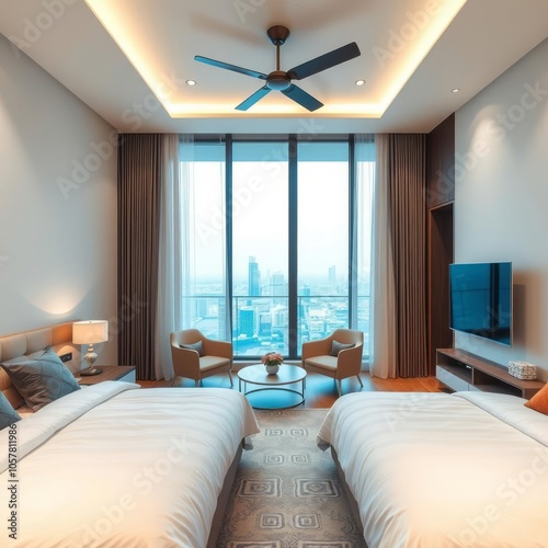 Interior of double bedroom with fully furnished Condominium Ultra realistic Photorealistic  photo