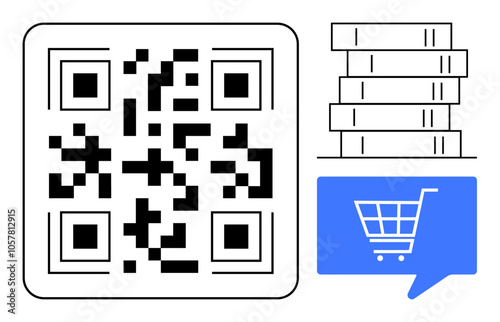 QR code next to stack of five books and blue speech bubble with shopping cart icon. Ideal for online shopping, e-commerce, digital libraries, bookstore apps, educational tools, QR marketing. Line