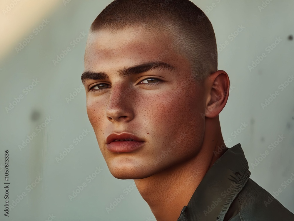 A close up of a man with a shaved head and a green shirt A close up of a man with a shaved head and a green shirt