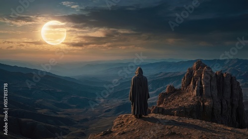 Solitary figure on desert outcrop at sunrise, soft light and haze