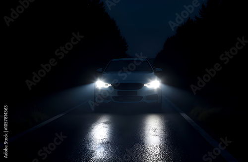 car with its headlights on in the dark