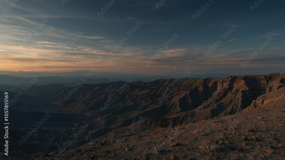 Rocky terrain with bushes and sunset sky over vast scenic landscape Rocky terrain with bushes and sunset sky over vast scenic landscape