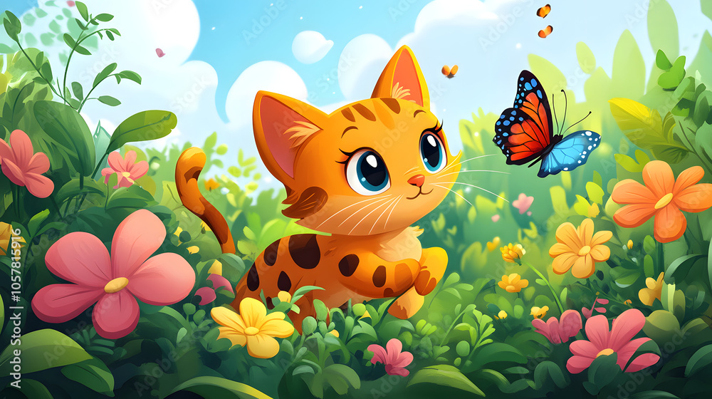 An Energetic Orange Cat with Black Spots Chasing a Butterfly in a Whimsical Garden Environment An Energetic Orange Cat with Black Spots Chasing a Butterfly in a Whimsical Garden Environment