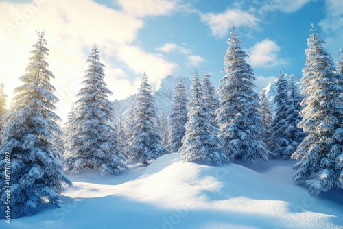 Winter snow covered fir trees on mountainside on blue sky with sun shine background Winter