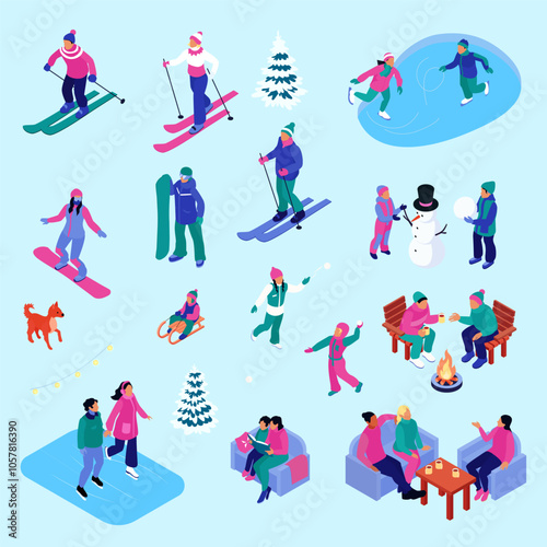 Isometric vector illustration set - people enjoying winter activities, including kids and adults sledding, ice skating, building snowmen, and having snowball fights