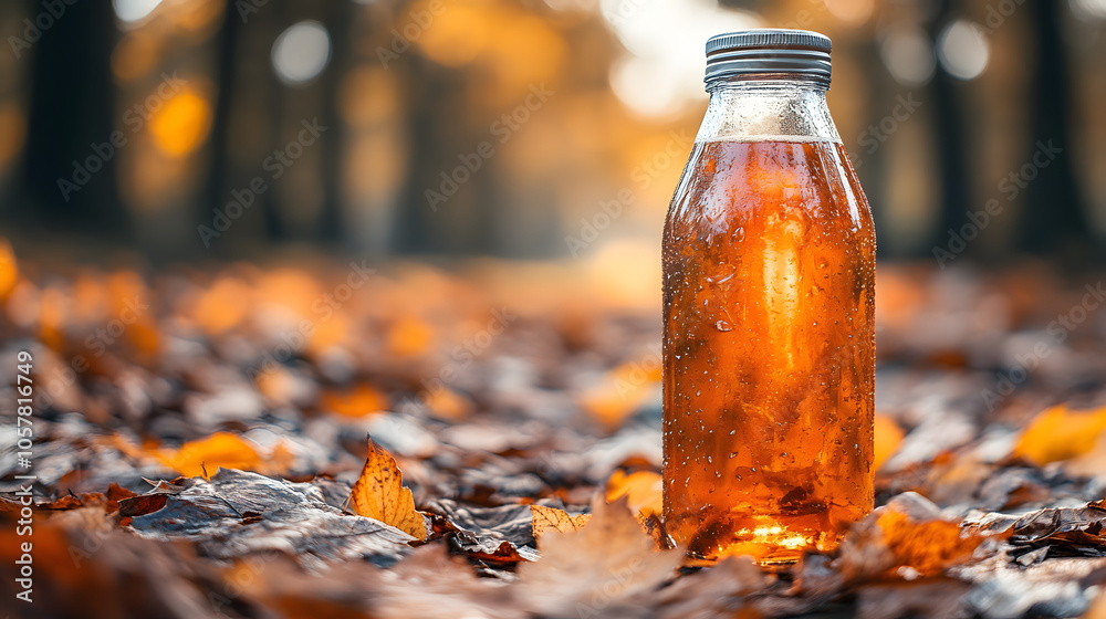 Stylish Kombucha Bottle with Autumn Leaves Showcasing Rich Fall Tones Against a Blurred Forest Backdrop Captured with Sony A7 Stylish Kombucha Bottle with Autumn Leaves Showcasing Rich Fall Tones Against a Blurred Forest Backdrop Captured with Sony A7