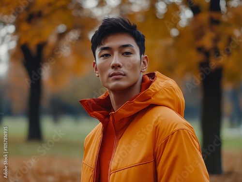 A man in an orange jacket standing in a park