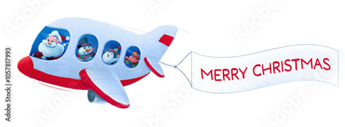 airplane piloted by santa claus with penguin elf snowman and christmas greetings sign