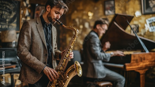 A live jazz trio with beautiful saxophones, intricate drum beats and a pianist playing piano to convey the essence of jazz.