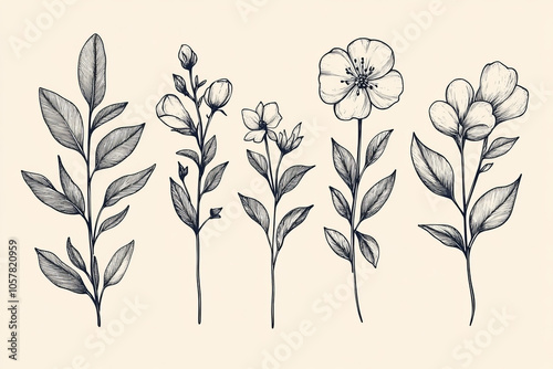 elegant black and white botanical illustrations of flowers and plants