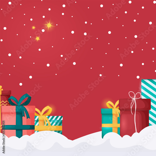 Illustration of New Year background with gifts standing on both sides in snow against the background of the starry sky. Design of a drawing of holiday boxes in snow against the background of stars