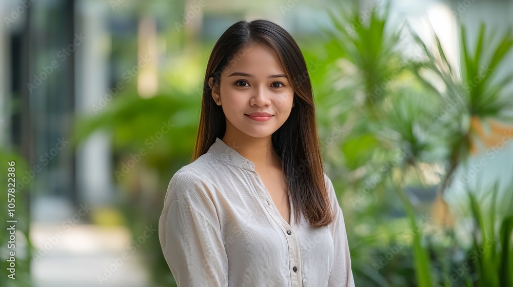 Smiling Woman Portrait: Casual Style, Natural Light, Green Background Smiling Woman Portrait: Casual Style, Natural Light, Green Background