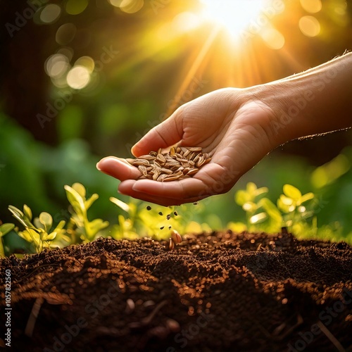 Hand sprinkling plant seeds into soil with blurred background