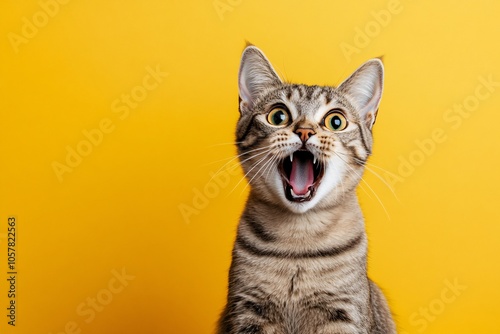 A surprised kitten with wide eyes and open mouth against a bright yellow background during a playful moment