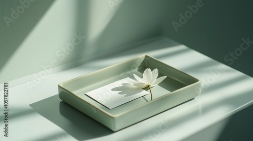 A minimalist close-up shot of a white business card resting inside a tray with earthy green tones.