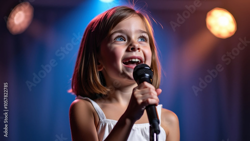 Adorable Cute Little Young Girl Performing on Stage Smiling in School Theater Program. 