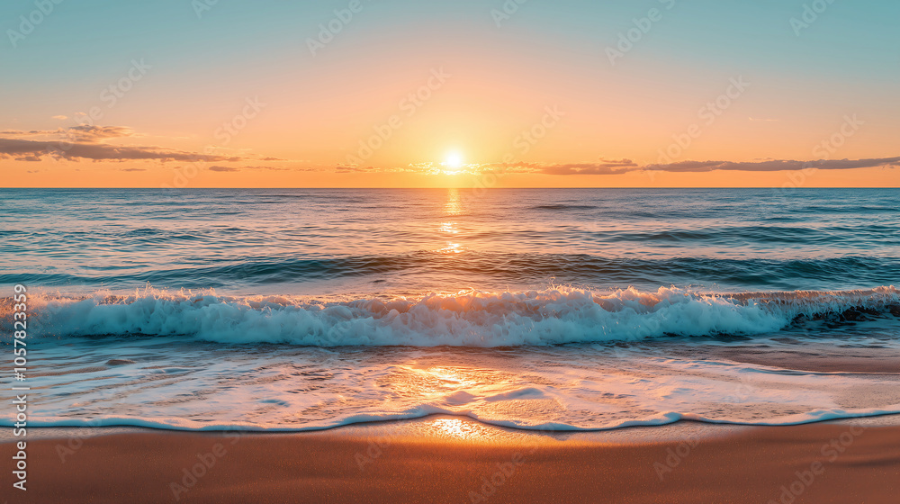 Serene Sunset Over the Ocean with Gentle Waves Serene Sunset Over the Ocean with Gentle Waves
