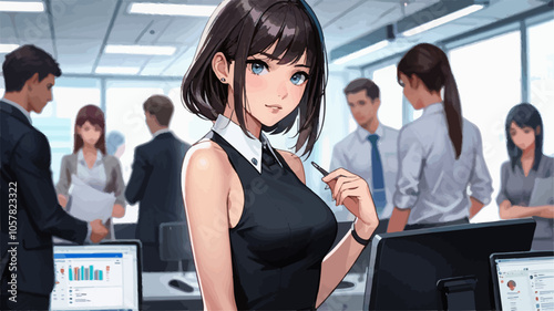 Young businesswoman is holding a pen and standing in a modern office, with colleagues working in the background
