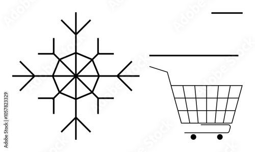 Simple black and white drawing with a snowflake on the left and a shopping cart on the right. Ideal for winter sales, holiday shopping, seasonal promotions, ecommerce, retail marketing. Minimalist
