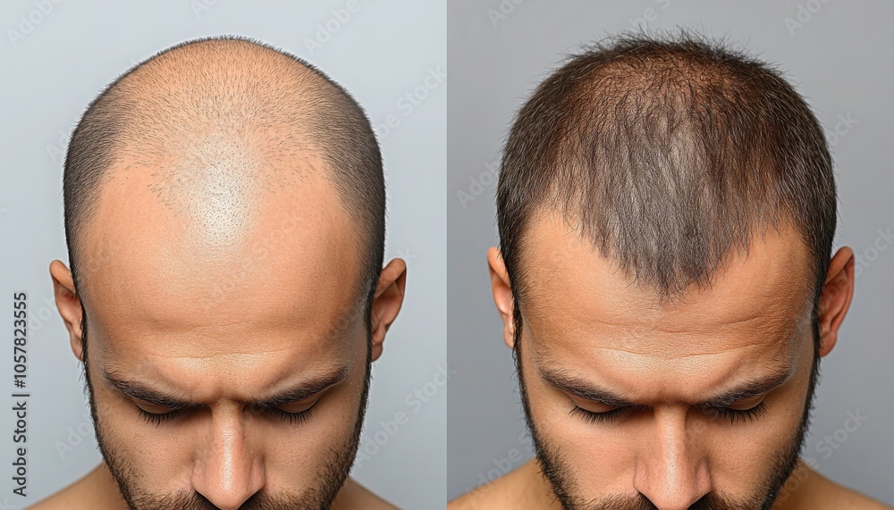 Fototapeta premium Hair Loss in men, Before and After Alopecia Treatment, Effective Hair Regrowth and Density Transformation. Hair cosmetics. 