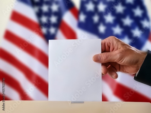 oter casting ballot in U.S. presidential election with American flag in background. photo