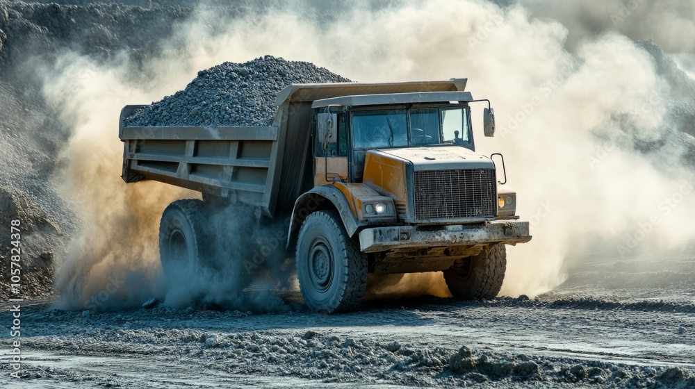 dirty dumb truck in misty construction field dirty dumb truck in misty construction field