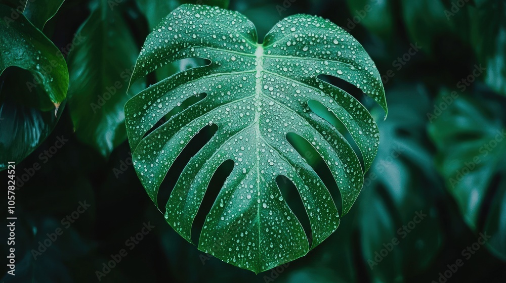 Fototapeta premium A close-up of a large, green monstera leaf with water droplets on it.