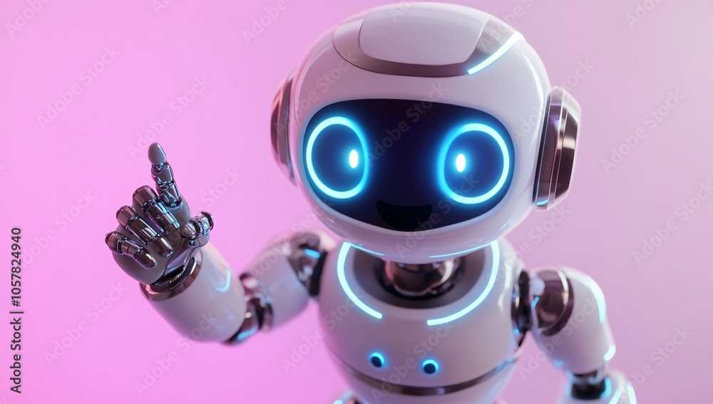 A small, friendly robot with bright blue accents smiles and points, showcasing its interactive capabilities in a contemporary setting, ideal for tech enthusiasts. A small, friendly robot with bright blue accents smiles and points, showcasing its interactive capabilities in a contemporary setting, ideal for tech enthusiasts.
