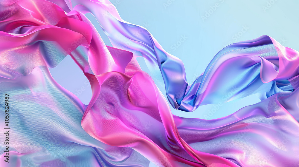 Abstract background with colorful flying fabric, fluid and wavy shapes in pink, purple and blue colors, 3D rendering illustration. Elegant wallpaper design for poster. Abstract background with colorful flying fabric, fluid and wavy shapes in pink, purple and blue colors, 3D rendering illustration. Elegant wallpaper design for poster.