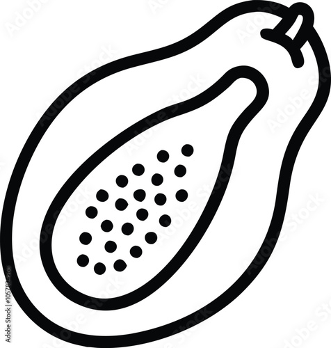 Papaya Outline Icon with Seeds, Minimalist black and white outline icon of a papaya with seeds, ideal for representing tropical fruit, healthy food, or nutrition themes.