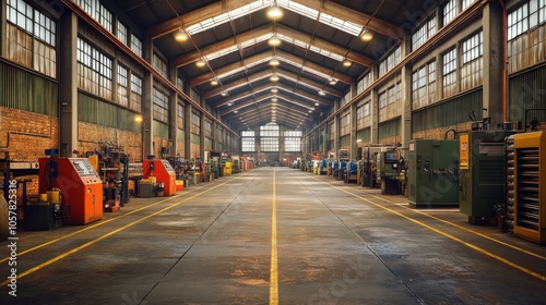 Empty industrial warehouse with machinery and yellow lines on the floor.