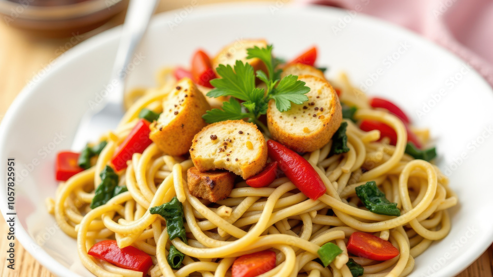 Cooked noodles with red peppers, herbs, and pieces of meat on a white plate. Cooked noodles with red peppers, herbs, and pieces of meat on a white plate.