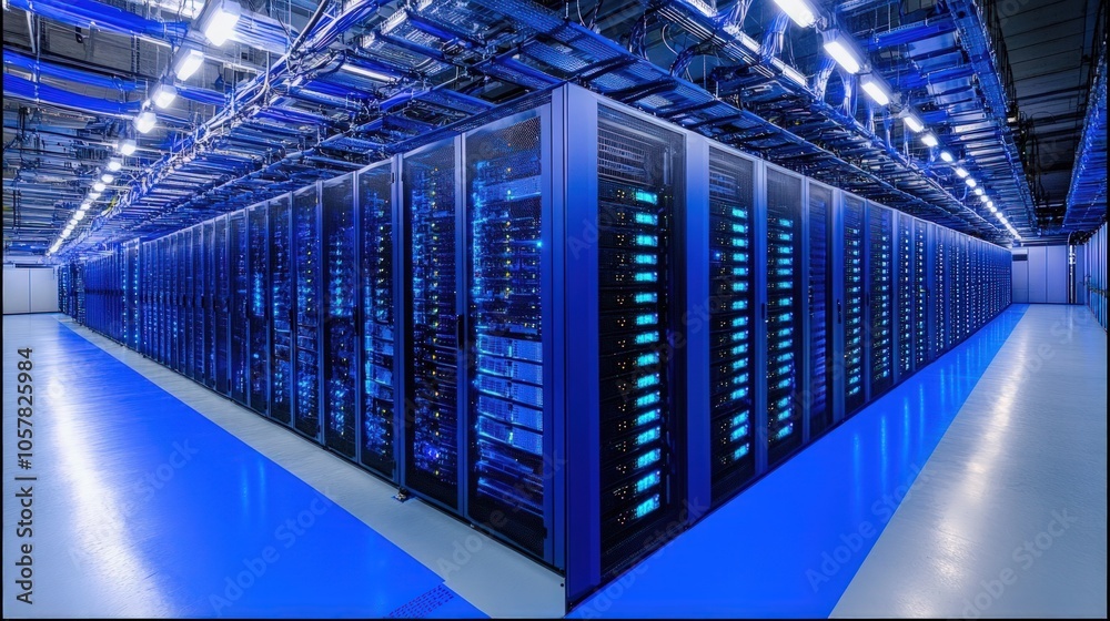 Rows of powerful servers in a modern data center. Rows of powerful servers in a modern data center.