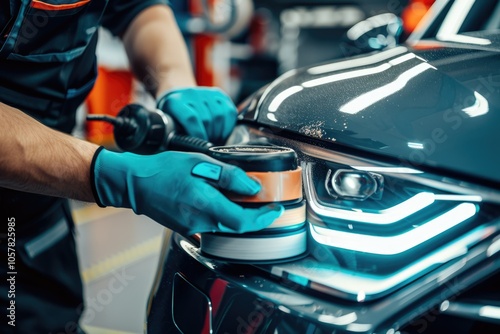 Hands using orbital polisher in auto repair shop.