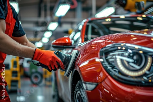 Auto repair shop worker using orbital polisher for car detailing.