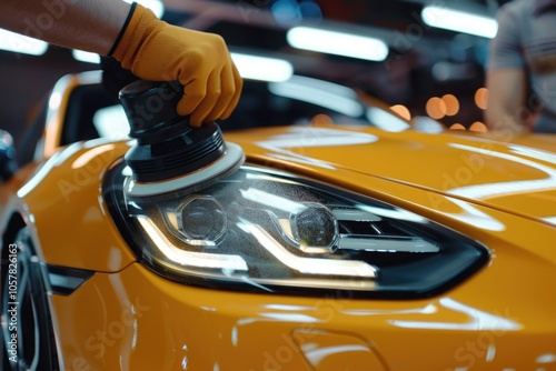 Professional male worker polishing luxury car hood in auto shop. photo