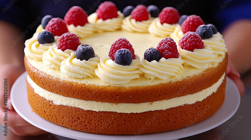 Delicious Homemade Cake Topped With Fresh Raspberries and Blueberries Ready for Celebration in a Cozy Kitchen Setting Delicious Homemade Cake Topped With Fresh Raspberries and Blueberries Ready for Celebration in a Cozy Kitchen Setting